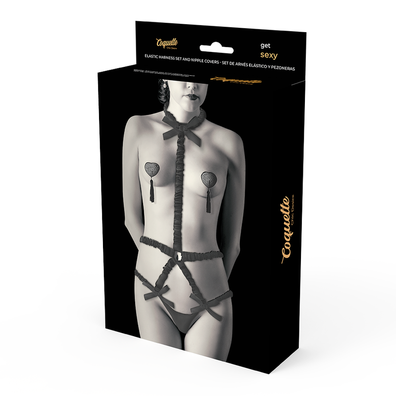 Coquette Chic Desire Erotisches Dessous-Set – Verstellbares Elastik-Harness mit Deluxe Nippel-Covern, Schwarzes Sexy Outfit für Damen