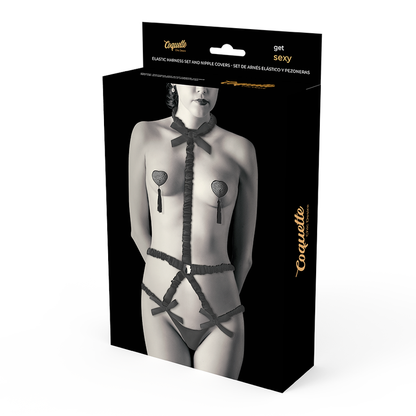 Coquette Chic Desire Erotisches Dessous-Set – Verstellbares Elastik-Harness mit Deluxe Nippel-Covern, Schwarzes Sexy Outfit für Damen